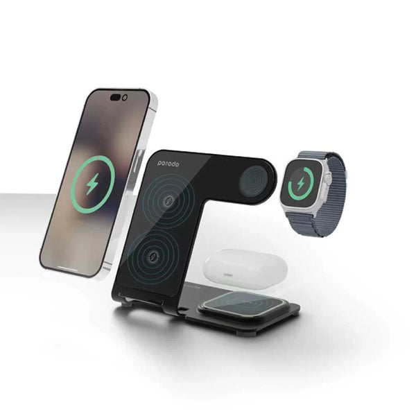 Porodo 3-IN-1 Dual Coil Wireless Charging Dock-Black